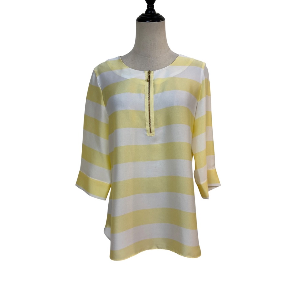 Soft Surroundings Yellow Striped Blouse Silky Zip Front Minimalist Flowy resort